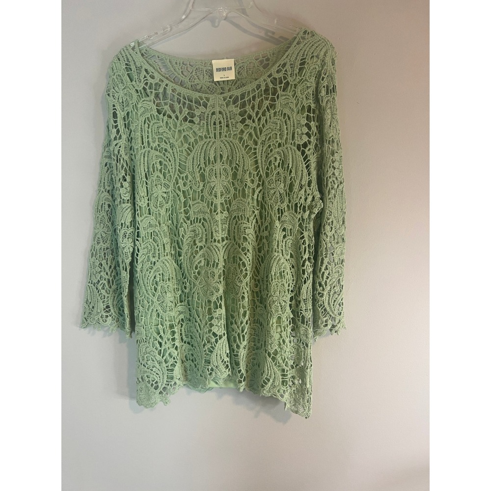 Bedford Fair Sage Green Crochet Lace Lined Tunic Top 3/4 Sleeve Size L